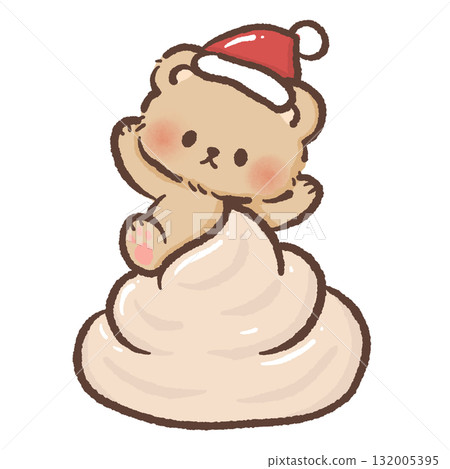 Sweet brown bear in Santa hat sitting on big swirl of whipped cream kawaii Christmas dessert illustration cozy festive winter bakery art cute holiday design Sweet brown bear in Santa hat sitting on big swirl of whipped cream kawaii Christmas dessert illustration cozy festive winter bakery art cute holiday design 132005395