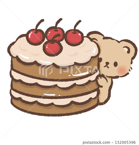 Adorable brown bear peeking behind layered sponge cake with cherries kawaii dessert illustration cute bakery Christmas sweet art cozy festive winter design 132005396