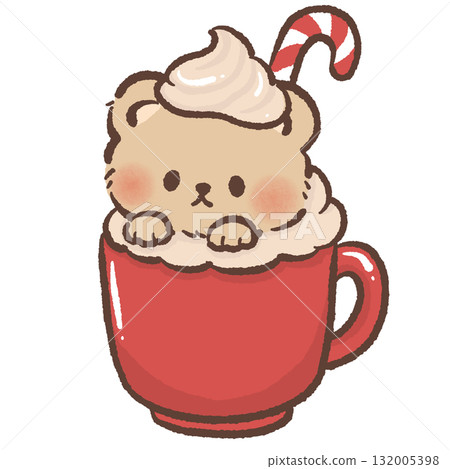 Cute brown bear sitting in red cup of hot cocoa with whipped cream and candy cane kawaii Christmas dessert illustration cozy winter sweet holiday art festive design 132005398