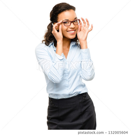 Business woman, portrait or fashion glasses on isolated white background for future ideas, success mindset or target goals. Smile, happy or corporate worker with vision eyes care on mock up backdrop 132005604