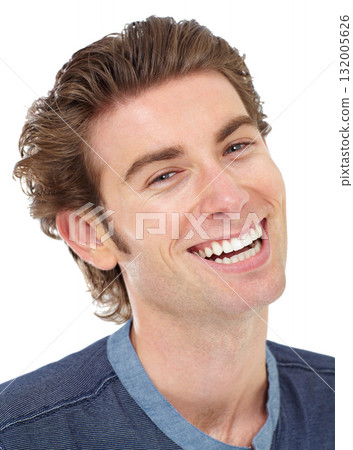 Confidence, portrait and male model in a studio with a positive, confident and good mindset. Funny, smile and headshot face of a handsome, young and casual man laughing isolated by a white background 132005626