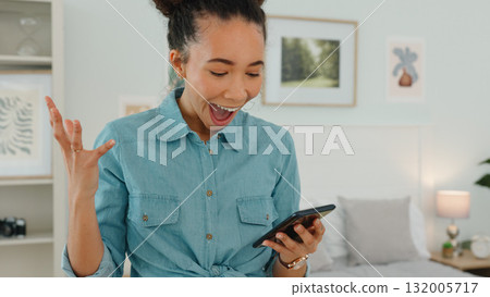 Wow, phone and woman excited by notification at home with omg reaction for winning competition. Goal surprise, winner or happy girl reading message, news or chat for results or score for game online 132005717