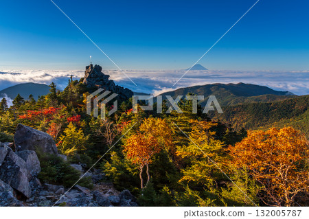 朝陽照耀下的天狗岩,與秋天奧秩父山天狗峰的紅葉,以及朝霞映照下的富士山融為一體。 朝陽照耀下的天狗岩,與秋天奧秩父山天狗峰的紅葉,以及朝霞映照下的富士山融為一體。 132005787