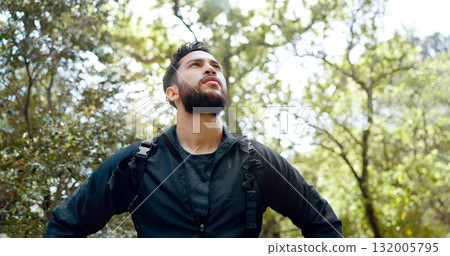 Man, thinking and hiking in nature forest, Brazilian amazon wood for workout, training and exercise. Athlete person, hiker or backpacker outdoor for fitness or trekking on adventure with trees Man, thinking and hiking in nature forest, Brazilian amazon wood for workout, training and exercise. Athlete person, hiker or backpacker outdoor for fitness or trekking on adventure with trees 132005795