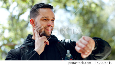 Smart watch, nature and fitness man check pulse, heart rate and track steps, body data or BPM on outdoor running. Sports, wrist time clock or runner reading wellness, training and monitor workout app 132005810