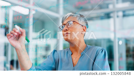 Board, mature business woman or writing project info, problem solving plan or planning advertising research. Mexican CEO, corporate strategy process or professional executive working on solution idea 132005848