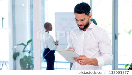Business, networking and man with tablet in office management, research and workshop agenda. Online, information and happy businessman with digital app, schedule and website ideas for media agency. Business, networking and man with tablet in office management, research and workshop agenda. Online, information and happy businessman with digital app, schedule and website ideas for media agency. 132005877