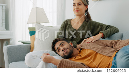 Relax, love and watching tv with couple on sofa for movie, streaming or television subscription. Happy, smile and peace with man and woman in the living room at home for video, news or film together Relax, love and watching tv with couple on sofa for movie, streaming or television subscription. Happy, smile and peace with man and woman in the living room at home for video, news or film together 132006013