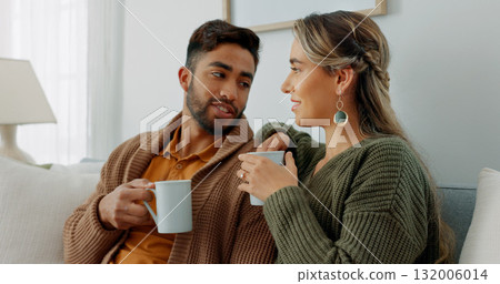 Coffee, love and couple on sofa relax with conversation, bond or communication at home. Romance, care and man with woman in living room with tea, speaking or share gossip, chill or day off in house Coffee, love and couple on sofa relax with conversation, bond or communication at home. Romance, care and man with woman in living room with tea, speaking or share gossip, chill or day off in house 132006014