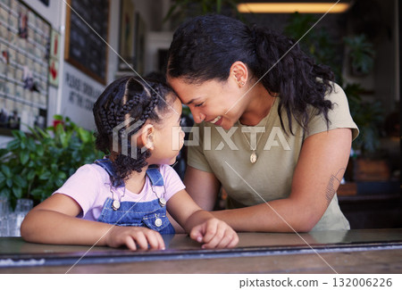 Happy, smile and mother and daughter in cafe for bonding, quality time and relax at breakfast. Support, happiness and shopping with mom and child in restaurant for affectionate, peace and sweet Happy, smile and mother and daughter in cafe for bonding, quality time and relax at breakfast. Support, happiness and shopping with mom and child in restaurant for affectionate, peace and sweet 132006226