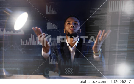 Businessman, research data and confused at night in office, waiting for stock market. Black man with open hands thinking about mistake with graphs and charts working late on statistical analysis Businessman, research data and confused at night in office, waiting for stock market. Black man with open hands thinking about mistake with graphs and charts working late on statistical analysis 132006267