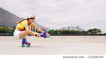 Fitness, woman and skater training, mockup and happiness with hobby, relax and active in park. Female athlete, girl and skateboarder practice technique, skills and happy with movements and routine Fitness, woman and skater training, mockup and happiness with hobby, relax and active in park. Female athlete, girl and skateboarder practice technique, skills and happy with movements and routine 132006294