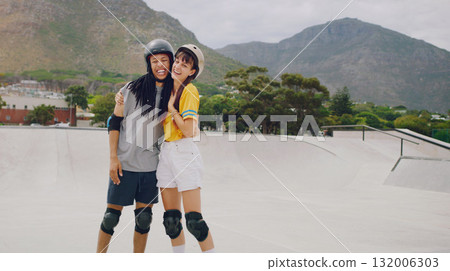 Urban skate park, laughing portrait and couple of friends with love and freedom outdoor for skating. Summer, gen z and young interracial skater people smile together doing exercise with mock up Urban skate park, laughing portrait and couple of friends with love and freedom outdoor for skating. Summer, gen z and young interracial skater people smile together doing exercise with mock up 132006303