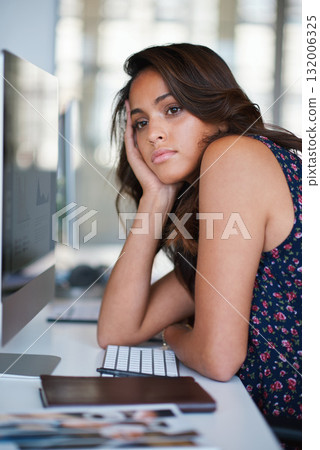 Thinking, bored and woman in office at desk with sadness, tired and overworked for corporate career. Business, mental health and thoughtful, stress and burnout female worker by computer in workplace 132006325