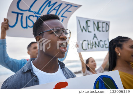 Climate change, sign and black man profile with megaphone for freedom movement. Angry, crowd screaming and young people by the sea with world support for global, social and equality action at ocean 132006329