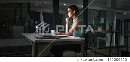 Computer, thinking and African woman reading finance portfolio, stock market database or ecommerce feedback. Forex investment night, data analysis idea or female trader trading NFT, bitcoin or crypto 132006330