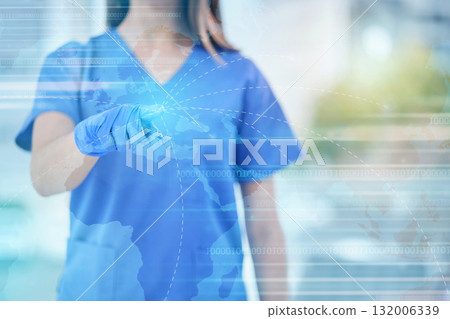 Woman, doctor and hands with global hologram for futuristic healthcare, life insurance or double exposure mockup. Hand of medical female expert touch 3D map on overlay for future medicare development 132006339