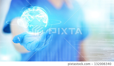 Woman, doctor and hands in 3D globe hologram for future healthcare, life insurance or innovation on mockup. Hand of medical female in futuristic global communication, networking or medicare software 132006340