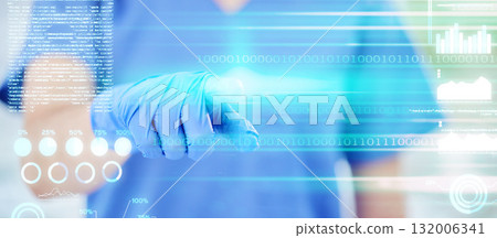Woman, doctor or hand on hologram double exposure for future healthcare, medicine or innovation information technology. Employee in futuristic medical dashboard, database or networking software 132006341