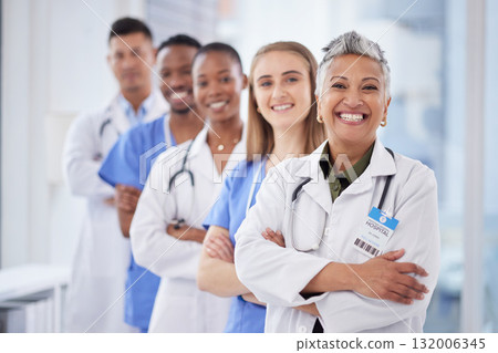 Medical students group, leader and clinic portrait with happiness, diversity or solidarity for healthcare. Nurse, black man and women for motivation, service or collaboration in hospital for learning 132006345