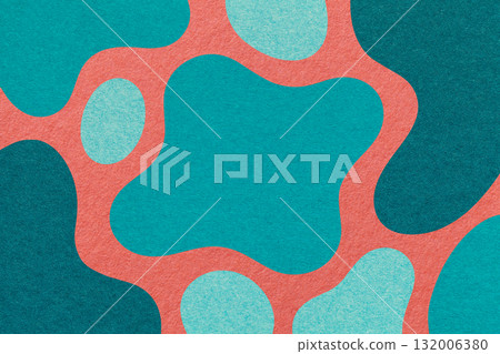 Abstract teal, turquoise and coral background with amorphous shapes and spots, paper texture in flat organic design Abstract teal, turquoise and coral background with amorphous shapes and spots, paper texture in flat organic design 132006380