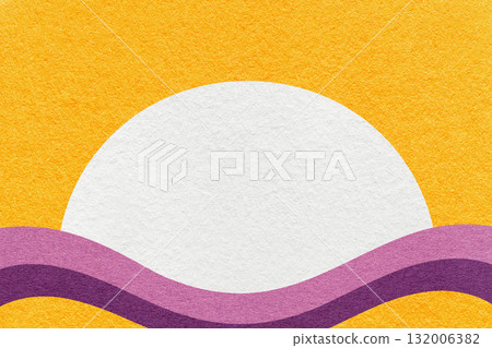 Yellow textured paper background with white circle for copy space and purple, violet waves for banner, presentation 132006382