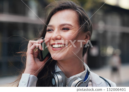 Phone call, smile and happy business woman outdoor with worker communication and connection. Planning, networking and work conversation of an entrepreneur with blurred background and happiness Phone call, smile and happy business woman outdoor with worker communication and connection. Planning, networking and work conversation of an entrepreneur with blurred background and happiness 132006401