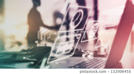 Computer app overlay, dashboard and laptop data graphic in office with sunset. Cloud computing, website application strategy and digital research of fintech team working on market analytics search Computer app overlay, dashboard and laptop data graphic in office with sunset. Cloud computing, website application strategy and digital research of fintech team working on market analytics search 132006458