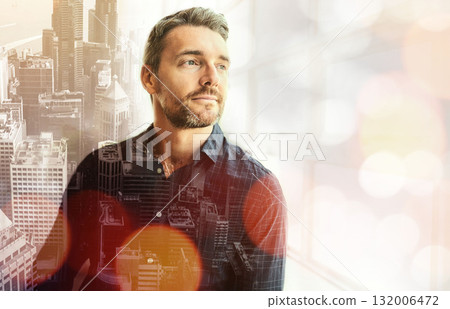 Businessman, thinking and city in double exposure with vision for career ambition, goals or success. Male employee wondering in thought by window for planning, idea or architecture on mockup overlay Businessman, thinking and city in double exposure with vision for career ambition, goals or success. Male employee wondering in thought by window for planning, idea or architecture on mockup overlay 132006472
