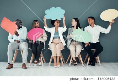 Business people, social media and speech bubble for comment, opportunity and join us in waiting room. Voice, poster and opinion mockup by group with diversity, message or announcement 132006488