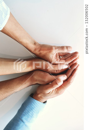 Hands together, business people and solidarity of company group with work community and connection. Teamwork, support and trust of office team with white background showing collaboration goals Hands together, business people and solidarity of company group with work community and connection. Teamwork, support and trust of office team with white background showing collaboration goals 132006502