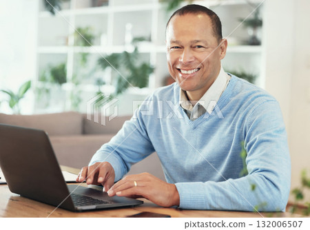 Portrait, laptop and man with remote work from home, entrepreneur and smile for success, growth and website launch. Face, male leader and business owner in lounge, happiness, deal and new project Portrait, laptop and man with remote work from home, entrepreneur and smile for success, growth and website launch. Face, male leader and business owner in lounge, happiness, deal and new project 132006507
