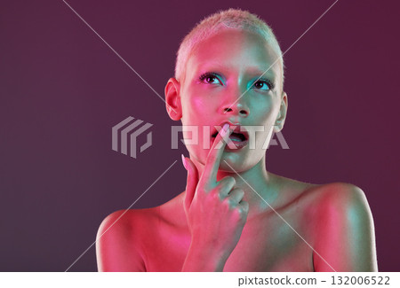 Neon, beauty and woman with finger on lips, makeup and lights for creative advertising on studio background. Cyberpunk, product placement and model isolated for skincare and futuristic mock up space. 132006522