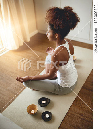 Calm woman, meditation and zen for yoga, spiritual wellness or healthy exercise at home. Female yogi relaxing or meditating on mat in mental wellbeing, mindfulness or awareness for health and fitness 132006551