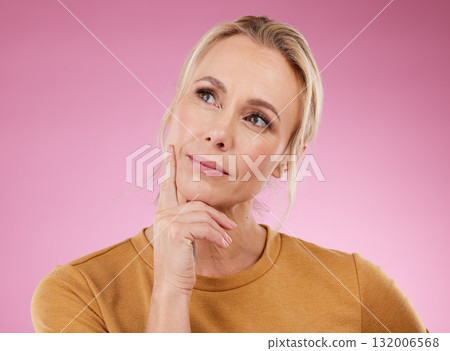 Senior woman, thinking and ideas for future, opportunity and fantasy with studio background. Female, mature lady and old person with wellness, thoughts and ponder with wonder, creative and backdrop 132006568