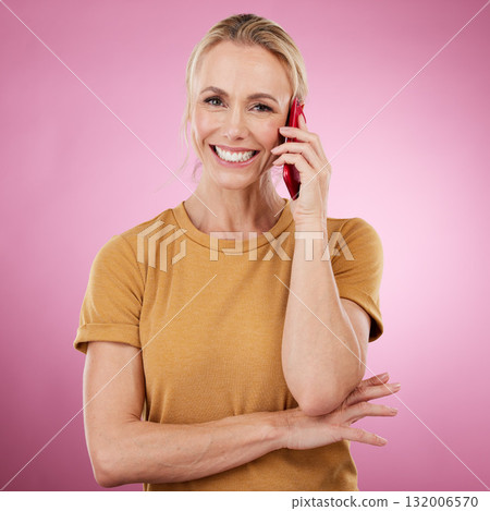 Woman, phone call and portrait on pink background for communication, contact and happy chat in studio. Smile of model person talking or conversation on smartphone for mockup network connection Woman, phone call and portrait on pink background for communication, contact and happy chat in studio. Smile of model person talking or conversation on smartphone for mockup network connection 132006570