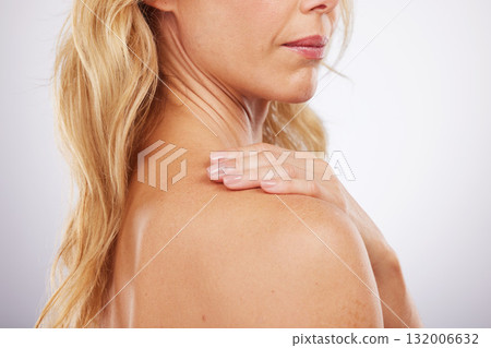 Beauty, skincare and touch with shoulder of woman for cosmetics, anti aging and spa treatment. Self love, dermatology and health with body of mature model for collagen, wellness and glow in studio Beauty, skincare and touch with shoulder of woman for cosmetics, anti aging and spa treatment. Self love, dermatology and health with body of mature model for collagen, wellness and glow in studio 132006632