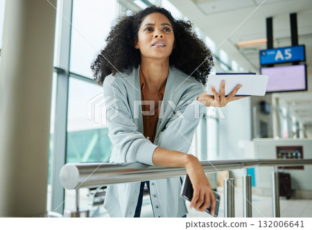 Black woman, ticket and confused at airport waiting for travel, departure or business trip. African American female traveler holding document, boarding pass or phone in missed airline or flight delay 132006641