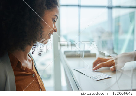 Ticket, glass window and black woman at airport or theatre with paper for travel or box office service. Customer person at cashier consultant booth counter for work booking and buying pass at seller Ticket, glass window and black woman at airport or theatre with paper for travel or box office service. Customer person at cashier consultant booth counter for work booking and buying pass at seller 132006642