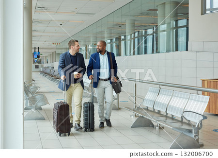 Travel for business, team at airport and luggage, men and flight for work trip, conference or training seminar with accountant. Walk, talk and diversity with finance convention and partnership 132006700