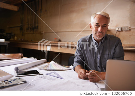 Man, senior architect in portrait with blueprint in workshop, professional designer and engineering. Architecture design, floor plan paperwork and technology with designing and creative male engineer Man, senior architect in portrait with blueprint in workshop, professional designer and engineering. Architecture design, floor plan paperwork and technology with designing and creative male engineer 132006760