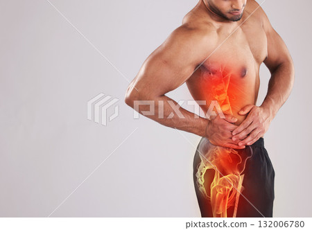 Mockup, health and man with pain, side and fitness with muscle tension, inflammation and broken bone on grey studio background. Male, guy and athlete with injury, accident and emergency on backdrop Mockup, health and man with pain, side and fitness with muscle tension, inflammation and broken bone on grey studio background. Male, guy and athlete with injury, accident and emergency on backdrop 132006780
