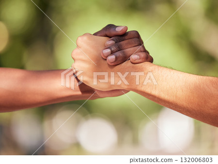 Handshake, support and teamwork, sports or collaboration for team building, solidarity or unity. People shaking hands, workout partnership or welcome, thank you or greeting for exercise goal outdoors Handshake, support and teamwork, sports or collaboration for team building, solidarity or unity. People shaking hands, workout partnership or welcome, thank you or greeting for exercise goal outdoors 132006803