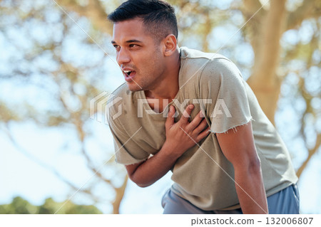 Man, runner and heart attack pain in nature while running outdoors for health and wellness. Sports, emergency thinking and male athlete with painful chest, stroke or cardiac arrest after workout. Man, runner and heart attack pain in nature while running outdoors for health and wellness. Sports, emergency thinking and male athlete with painful chest, stroke or cardiac arrest after workout. 132006807