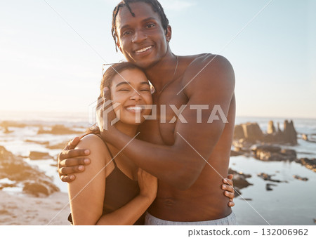 Couple portrait, swimsuit or sunset beach hug in relax romance holiday, love vacation date or bonding summer location. Smile, black woman or man in swimwear embrace, freedom trust or travel support Couple portrait, swimsuit or sunset beach hug in relax romance holiday, love vacation date or bonding summer location. Smile, black woman or man in swimwear embrace, freedom trust or travel support 132006962