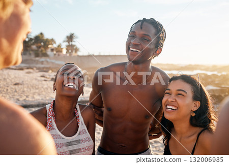 Friends, laughing or bonding on sunset beach in joke, social gathering comedy or comic group vacation for summer holiday. Smile, happy women or diversity people, travel swimsuit or funny storytelling 132006985