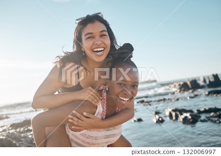Friends, laughing or piggyback portrait by beach, ocean or sea in social gathering, vacation comedy or summer holiday. Smile, happy or black woman carrying girl in travel fun, bonding or comic games Friends, laughing or piggyback portrait by beach, ocean or sea in social gathering, vacation comedy or summer holiday. Smile, happy or black woman carrying girl in travel fun, bonding or comic games 132006997