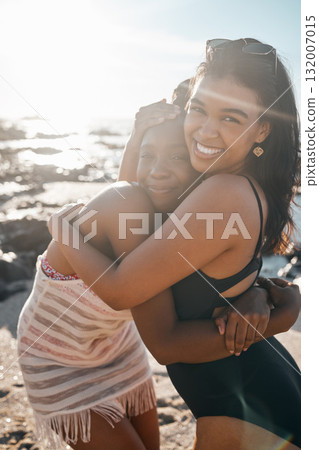Women, portrait or friends embrace by beach, sea or ocean in summer holiday bonding, support vacation or girls travel location. Smile, happy or black people in hug, social gathering or relax nature Women, portrait or friends embrace by beach, sea or ocean in summer holiday bonding, support vacation or girls travel location. Smile, happy or black people in hug, social gathering or relax nature 132007015