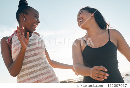 Swimsuit friends, laughing or walking on beach in social gathering joke, vacation comedy or comic summer holiday. Low angle, smile or happy swimwear women in girl travel bonding or funny storytelling 132007017