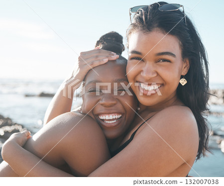 Women, portrait or friends hug by beach, sea or ocean in summer holiday bonding, support vacation or girls travel location. Smile, happy or black people in embrace, social gathering or relax nature Women, portrait or friends hug by beach, sea or ocean in summer holiday bonding, support vacation or girls travel location. Smile, happy or black people in embrace, social gathering or relax nature 132007038